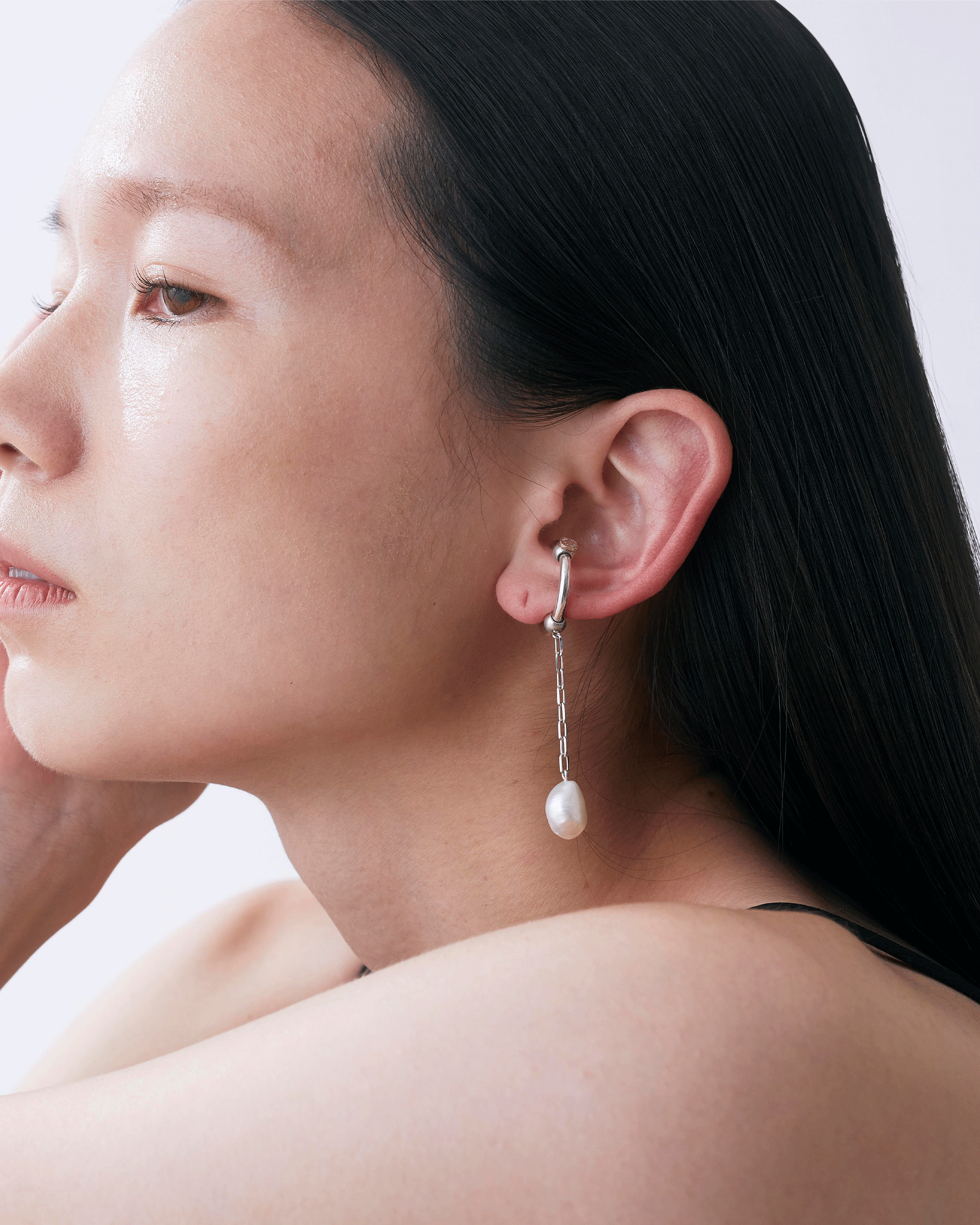 Ear Cuff Ring - Pearl Chain Charm M -
