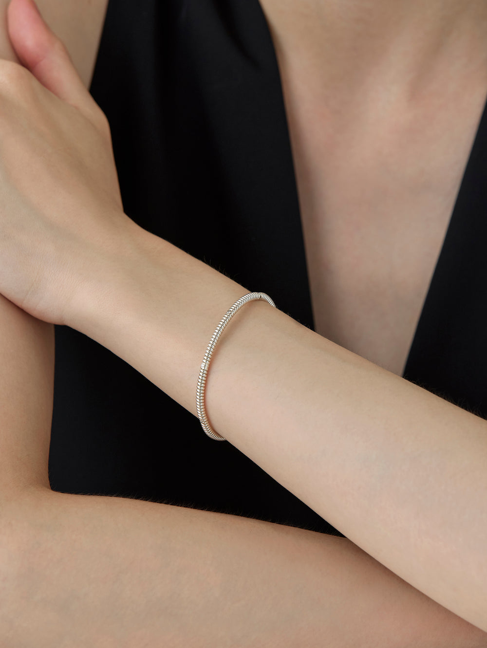 Spring Button Bangle Spring 4 Stone Bangle Diamond -Silver-