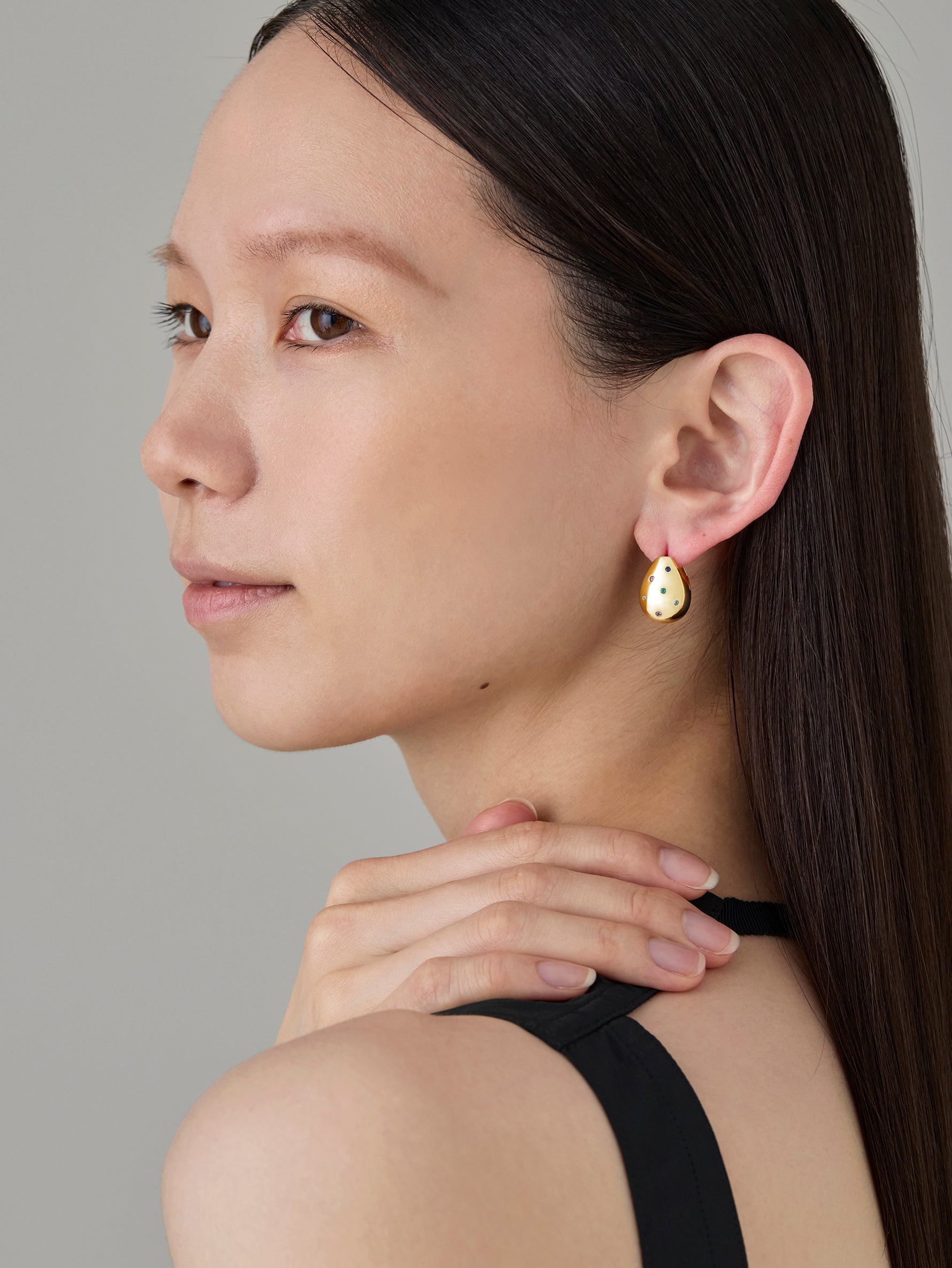 Drop Pierce Multi Stone  -Gold-