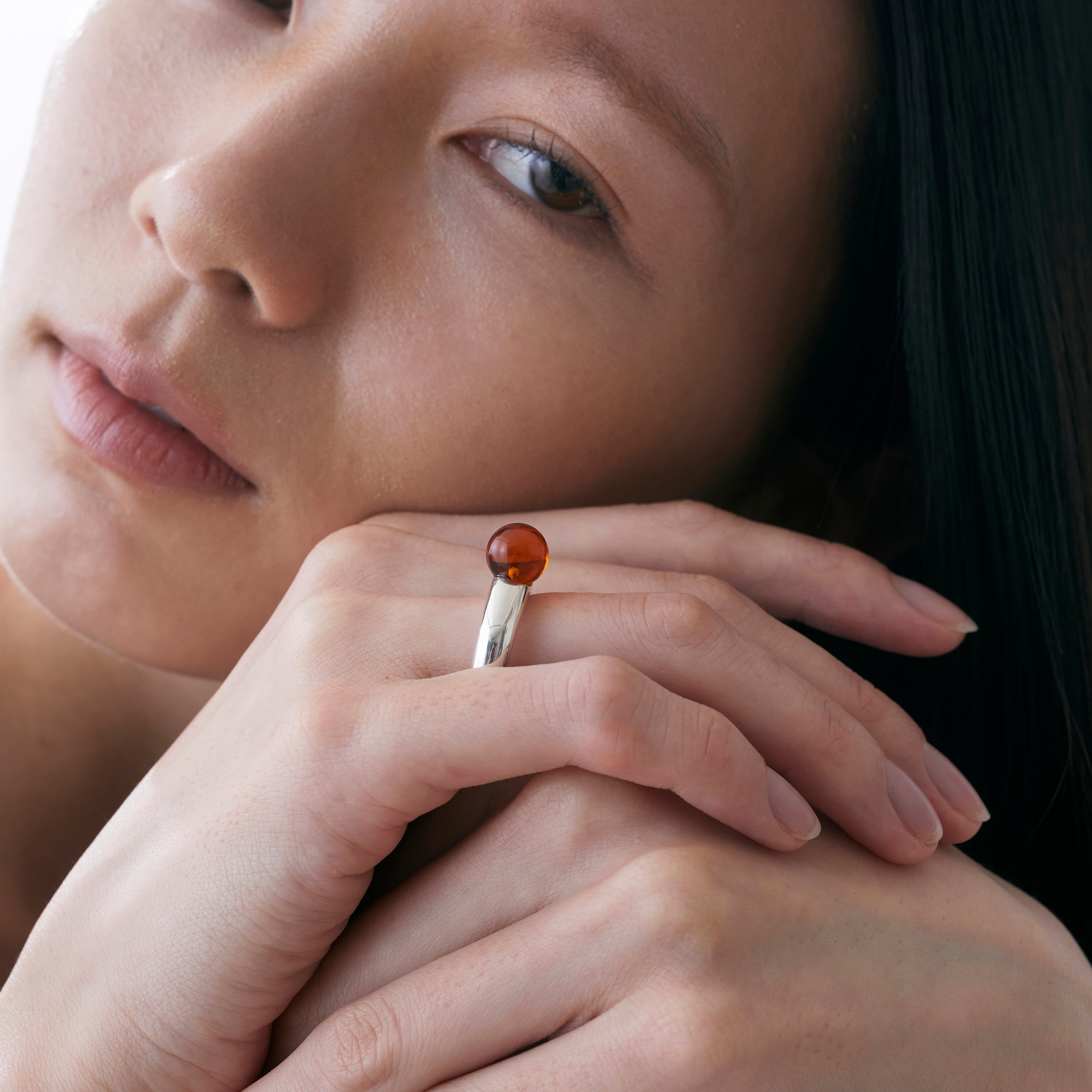 Sphere Amber Ring Brown -Silver-